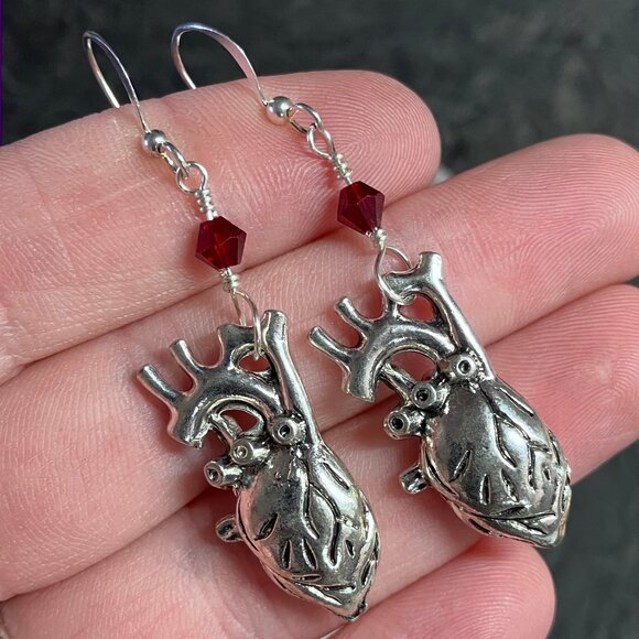 Anatomical Heart and Red Bead Handmade Earrings - Picture 3 of 6